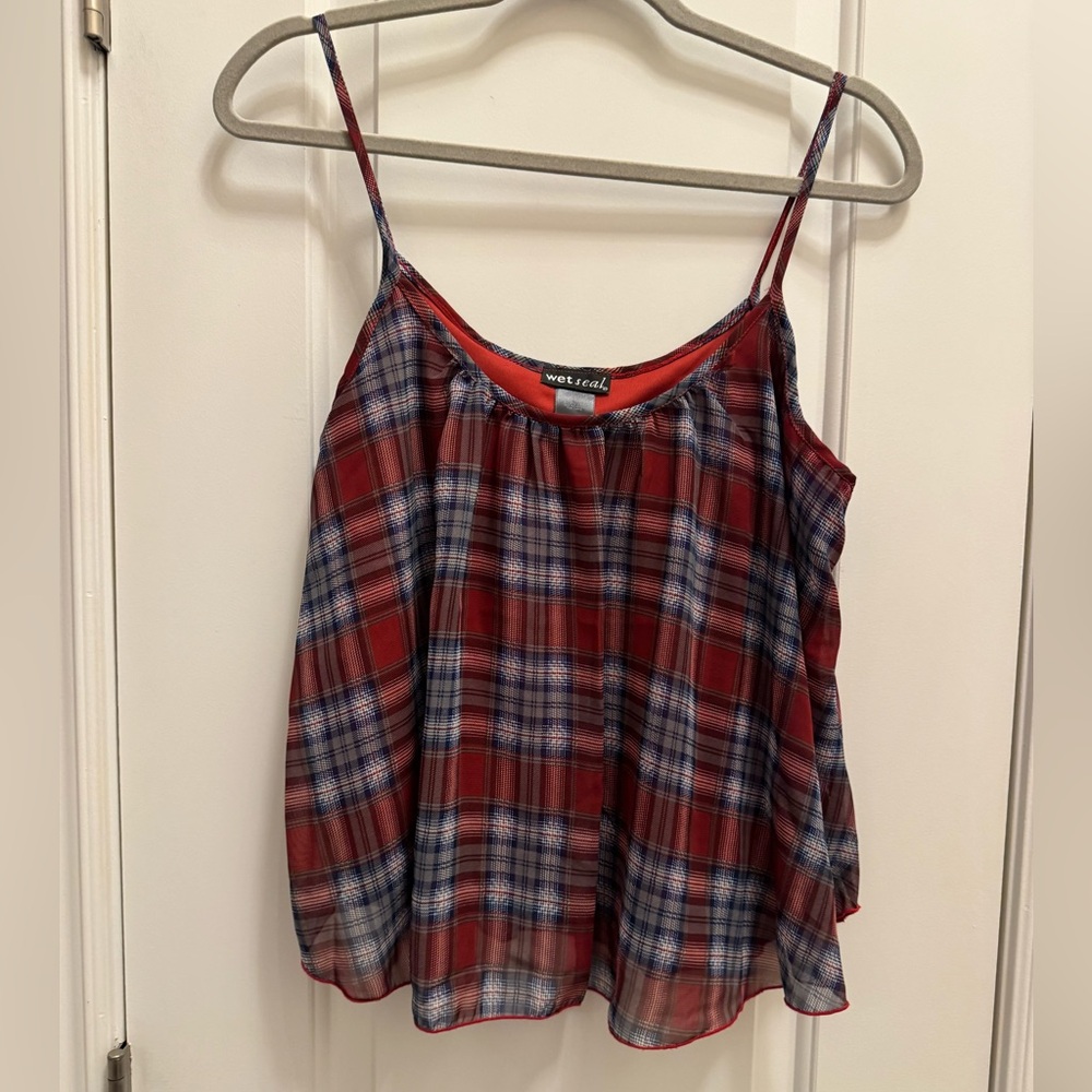 Y2K VTG Wet Seal plaid Camisole M red blue Sheer overlay Cami Boho Indie Flowy